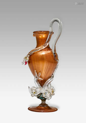 Giuseppe Barovier (1853-1942) Aventurine Serpent Pitcher circa 1890 for Salviati & C., model no. 215, applied aventurine glass height 10 1/4in (26cm); width 4 1/2in (11.5cm)