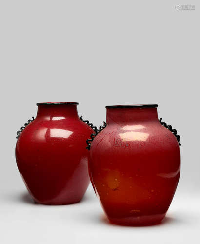 Fratelli Toso (1902-1980) Two Rosso e Nero Lamp Bases circa 1930 blown glass with applied decoration and aventurine height 9in (23cm); diameter 7in (18cm); height 8 1/2in (21.5cm); diameter 7in (18cm)