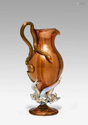 Giuseppe Barovier (1853-1942) Aventurine Serpent Pitcher circa 1890 for Salviati & C., model no. 215, applied aventurine glass height 10in (25.5cm); width 4in (10cm)