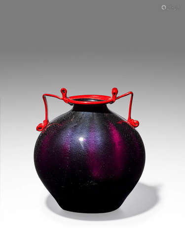 Fratelli Toso (1902-1980) Rosso e Nero Vase circa 1930 blown deep amethyst glass with red pasta glass applied handles and applied with aventurine height 8 1/2in (21.5cm); diameter 10in (25cm)