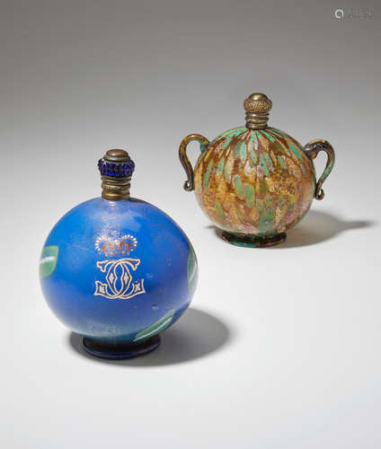 Venetian Two Scent Bottles circa 1890 internally decorated and applied blown glass, gilt metal, one bottle hand enameled with monogram 'CC' height 4 1/4in (11cm); diameter 4 1/2in (11.5cm); height 4 1/2in (11.5cm); diameter 3 1/2in (9cm)