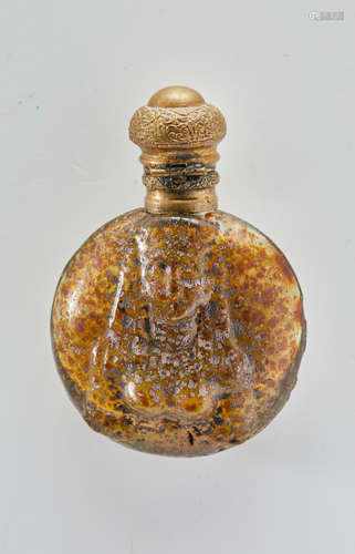 Venetian Egyptian Revival Scent Bottle circa 1925 internally decorated glass applied with silver foil with raised decoration of Egyptian Pharaoh, gilt metal mounts length 3 1/4in (8cm); wide 2 1/4in (6cm)