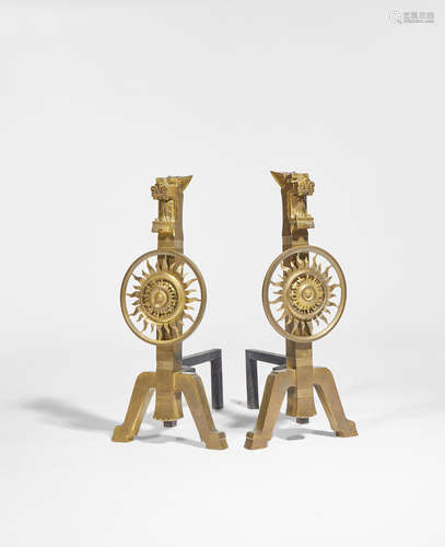 Herter Brothers (1864-1906) Important Pair of Andirons circa 1878 from the library of the Marshall Field House, Chicago brass, iron height 25 1/2in (65cm); width 12in (31cm); depth 20 3/4in (52.5cm)