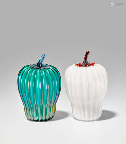 Napoleone Martinuzzi (1892-1977) Two Ribbed Pepper Sculptures circa 1926 for V.S.M. Venini & C., model no. 2445, opaque applied glass length 4 1/4in (11cm); diameter 2 3/4in (7cm); length 10in (4cm); diameter 2 3/4in (7cm)