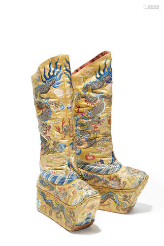 A PAIR OF Chinese Embroidered silk Boots for Theater 19th/Early 20th Century