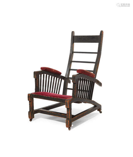 Louis C. Tiffany (1848-1930); Attributed to Reclining Armchair circa 1878 from the Library of Tiffany's Bella Apartments, ebonized wood, red velvet upholstery height 43in (110cm); width 24in (61cm); depth 33in (74cm)