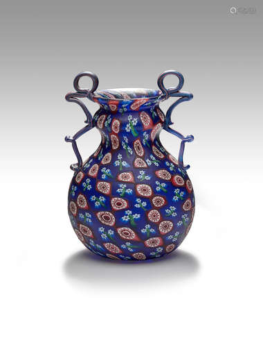 Fratelli Toso (1902-1980) Murrine Floreali Vase circa 1900 blown murrine glass with applied handles height 6 3/4in (17cm); diameter 4 3/4in (12cm)