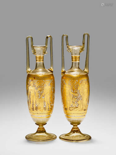 Venetian Pair of Urns 1870-80 blown and applied glass with gilt highlights each height 8 1/2in (22cm); diameter 2 3/4in (7cm)