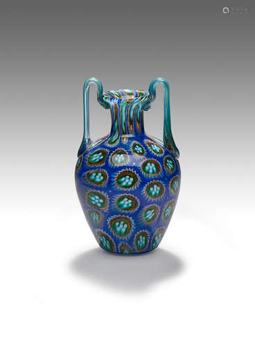 Fratelli Toso (1902-1980) Twin-Handled Murrine Vase circa 1910 blown and applied murrine glass internally decorated with aventurine height 5in (12.5cm); diameter 2 3/4in (7cm)