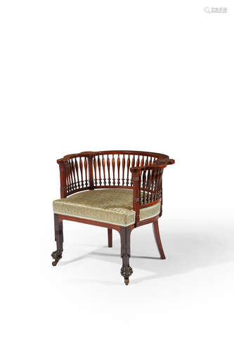 Herter Brothers (1864-1906) Armchair circa 1881-82 carved mahogany, on original front casters, modern metallic thread and silk upholstery Stamped 1590 to inside of rear proper right leg height 26 3/4in (68cm); width 30in (76cm); depth 26in (66cm)