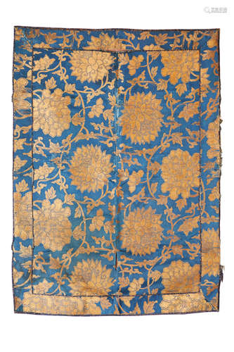 A CHINESE blue silk panel with scrolling Lotus 17th Century