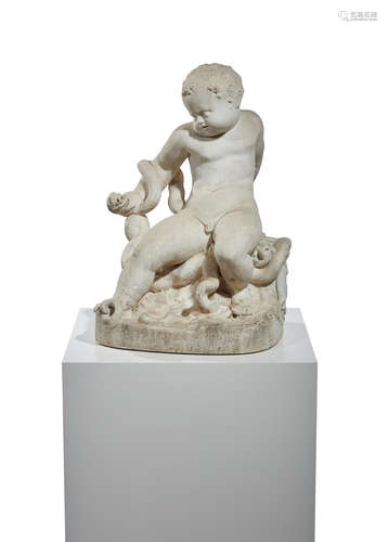 Alessandra Algardi (1595-1654) & Ercole Ferrata (1610-1686); After The Infant Hercules Wrestling a Snake circa 1680 carved white marble modeled with the naked young god with tightly whorled short hair and determined expression leaning against drapery and clutching the serpent in both hands behind his back, its tail coiled before his feet, on oval integral base, height 22in (56cm); width 16in (41cm); depth 14in (35.5cm)