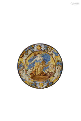 Workshop of Carlo Antonio Grue (1655-1723) Three Maiolica Castelli Plates circa 1725 for the workshop of the Grue Family, earthenware, hand painted with polychrome glazes and one example with highlights in gilt each diameter 7 1/4in (18.4cm)