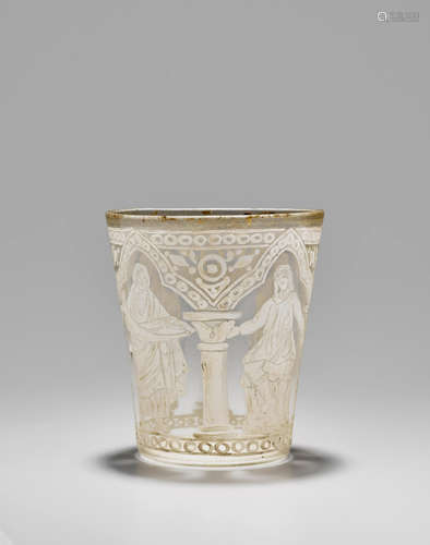 Salviati & C. (founded 1877); attributed to Beaker with Classical Scenes circa 1890 blown glass with enamel decoration height 5in (13cm); diameter 4 1/2in (11.5cm)