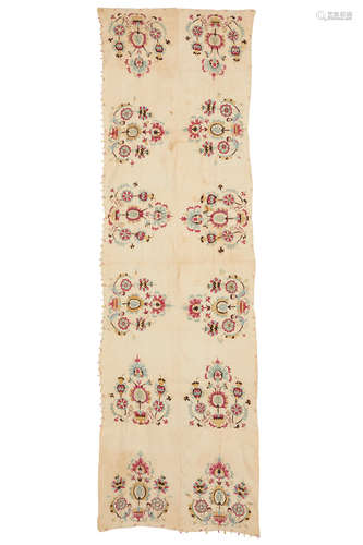 Greek Folk Art Important Skyrian Harpi Embroidery 18th Century hand embroidered cotton 99in x 30 1/2in (250cm x 77cm)