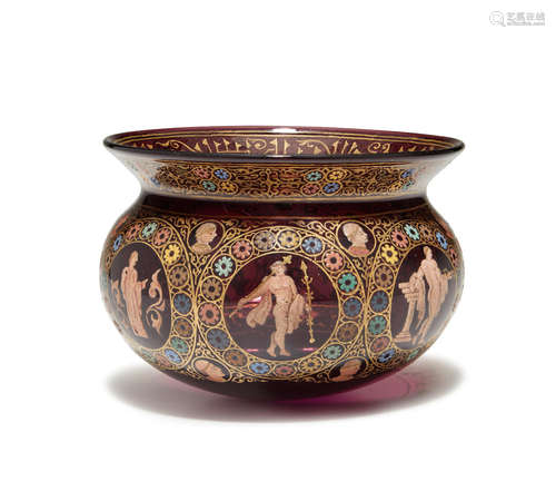 Venetian Byzantine Revival Vase circa 1890 ruby glass decorated with enamels, the interior with gilded inscriptions in imitation of kufic script height 3 1/4in (8cm); diameter 4 1/2in (11.5cm)