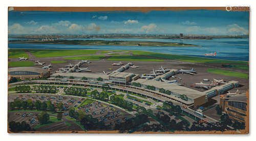 ELLIOTT GLUSHAK (1923-1997) Record Rendering of LaGuardia Airport 1956 oil on board, signed and dated 'Glushak 56' (lower right) 24 x 46in (61 x 116.8cm)