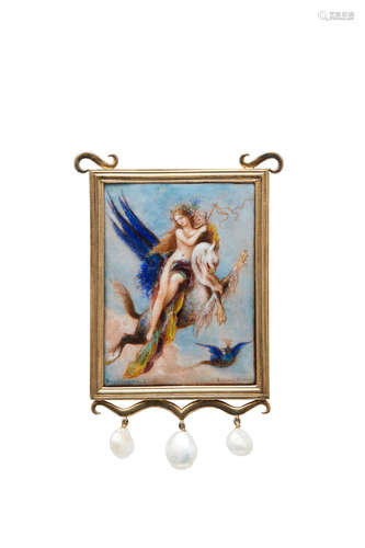 Paul Grandhomme (1851-1944) Allegory of Fable, after Gustav Moreau circa 1890 enamel on copper, silver gilt, pearls, signed 'Grandhomme E' lower left, and '-Gustave Moreau' lower right, French hallmark stamped to frame height of plaque 2 ½in (6.5cm); width 2in (5cm); height of frame 3 1/4in (8cm); width 2 ½in (6.5cm)