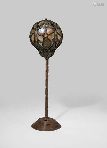 Tiffany Studios (1899-1919) Rare and Unusual Scarab Table Lamp 1897-98 patinated bronze filigree, Favrile glass, apparently unmarked height 22in (55.5cm); diameter 6in (15cm)