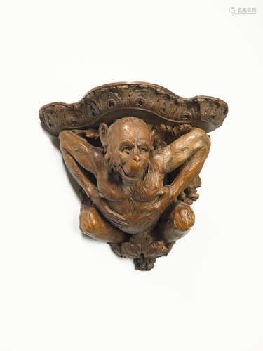 Italian School Carved Wall Bracket Second Half 19th Century walnut, in the form of a monkey, probably Milan or Venice height 7in (18cm); width 8 1/2in (21.5cm); depth 7 1/4in (8.5cm)