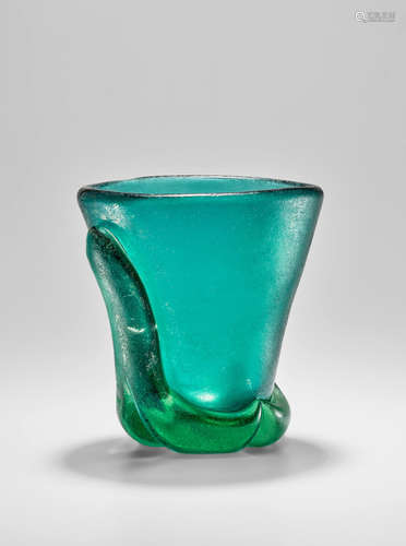 Carlo Scarpa (1906-1978) Corroso Vase circa 1936 for Venini, model no. 4105, green corroso glass with iridized surface, acid stamp 'venini murano MADE IN ITALY' and remnants of retail label height 7in (17.5cm); width 6 3/4in (17cm); depth 6in (15cm)