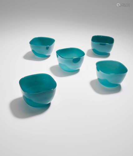 Paolo Venini (1895-1959) Five Small Opalino Bowls circa 1950 for Venini, opaque glass, acid stamp to each 'venini murano italia' each height 1 1/2in (4cm); width 2 1/6in (6cm)