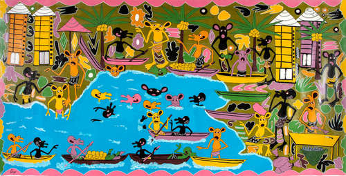 George Lilanga di Nyama (Tanzanian, 1934-2005) Village at the lake, 2003 unframed and unstretched.