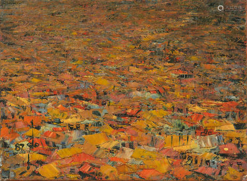 Ablade Glover (Ghanaian, born 1934) View over a village (yellow roofs)