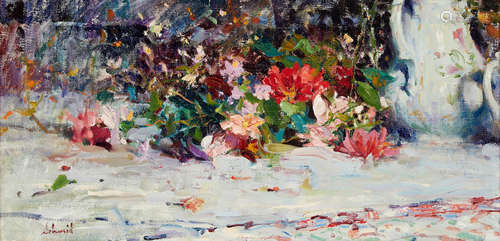 Richard Alan Schmid (born 1934) Begonias and wildflowers 12 x 24in framed 17 x 29in