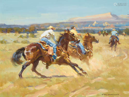 Xiang Zhang (born 1954) Racing on Horseback 18 x 24in framed 29 x 35in