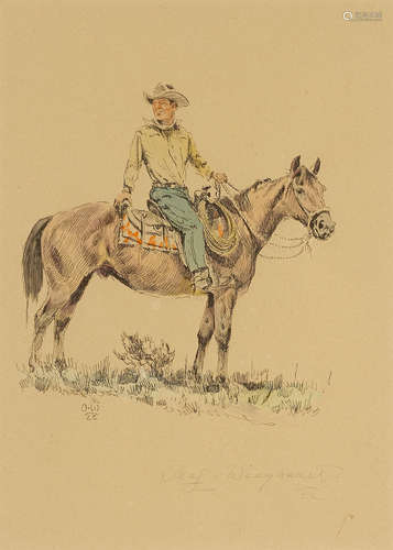 Olaf Carl Wieghorst (1899-1988) Cowboy on horseback sight size 12 1/2 x 9in framed 22 1/2 x 19in