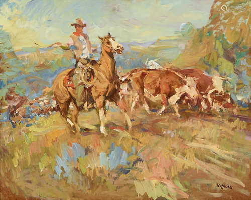 Frank B. Hoffman (1888-1958) Trail Herd, Cowboy and Cattle 25 x 30in framed 33 x 39in