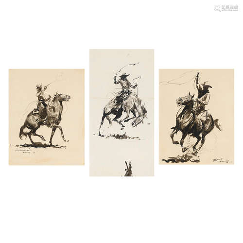 Edward Borein (1872-1945) Cowboy with Lasso; Cowboy Firing Gun; Bucking Bronc (a group of three) 13 1/2 x 11in; 13 1/2 x 11in; 18 x 9 1/2in each framed 22 x 18in; 22 x 18in; 26 x 17in