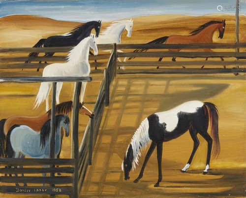 Dahlov Zorach Ipcar (1917-2017) Horses in a Corral 16 x 20in framed 18 x 22in