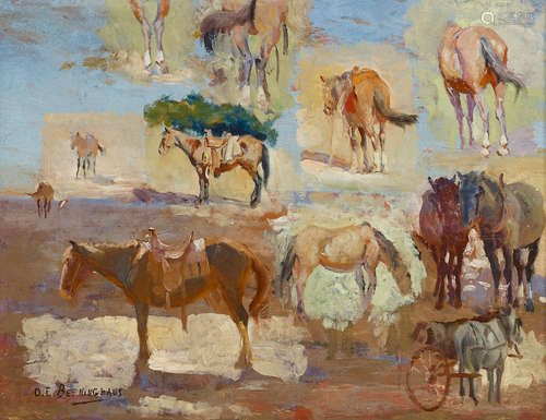 Oscar Edmund Berninghaus (1874-1952) Study of Twelve Horses 9 1/2 x 12in framed 19 x 22in