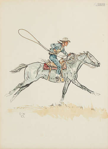 Olaf Carl Wieghorst (1899-1988) Cowboy on horse with rope signed with the artist's device 'O.W.' (lower left) watercolor with pen and ink on paper 10 x 8in framed 16 x 13in