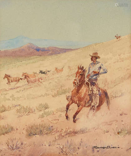 Edward Borein (1872-1945) Mustang Round Up 10 x 8 1/2in framed 22 x 18in