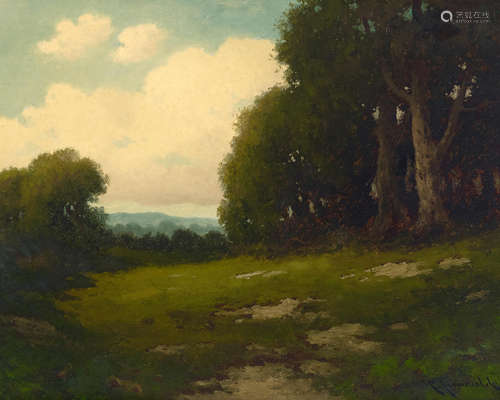 Carl Jonnevold (1856-1955) Trees by a clearing with scattered clouds 16 x 20in framed 27 x 31in