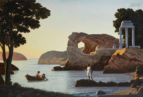 David Ligare (born 1945) Landscape with Three Figures (Teleion) signed 'LIGARE' (lower right), signed again, dated and titled 'David Ligare 1993-94' (on the reverse) oil on canvas 54 x 78in framed 61 1/2 x 86in Painted in 1993-1994.