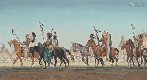 Maynard Dixon (1875-1946) Parade of Warriors 13 1/4 x 23 3/4in framed 30 x 40in