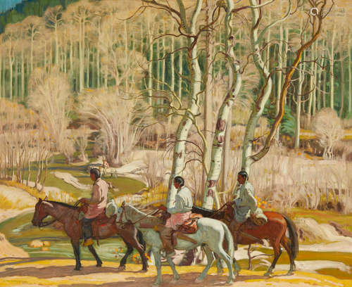 Ernest Martin Hennings (1886-1956) Hunters in the Canyon 30 x 36in framed 35 1/2 x 41 1/2in