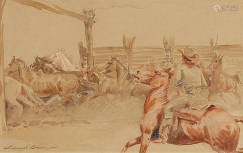 Edward Borein (1872-1945) Wrangling horses into a Corral 5 5/8 x 9in framed 13 x 16in