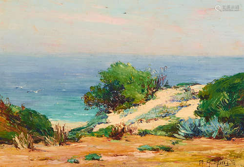 Anna Althea Hills (1882-1930) The Quiet Sea signed and dated 'A.A. Hills 15' (lower right), signed again, titled, and dated '1915' (on the reverse) oil on board 7 x 10in framed 11 x 14in Painted in 1915.