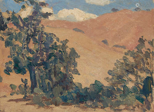 Gottardo Fidele Ponziano Piazzoni (1872-1945) Piazzoni Ranch, Carmel Valley, July and Oaks at the base of the hills; Tree study (double-sided) (a group of two) each 6 1/4 x 8 1/2in each framed 9 x 12in