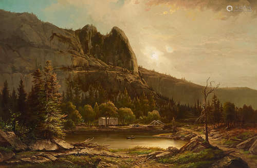 Joachim Ferdinand Richardt (1819-1895) Sentinel Rock with Hutchings Hotel, Yosemite Valley 30 x 46 1/4in framed 45 x 61in