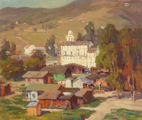 George Kennedy Brandriff (1890-1936) The New Church signed 'Geo. K. Brandriff' (lower right), signed again and titled (on the reverse) oil on board 20 x 24in framed 24 x 29in