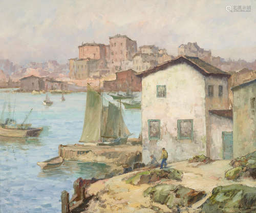 Maurice Braun (1877-1941) Harbor Life 25 x 30in framed 34 1/4 x 39 3/4in