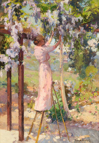 Franz Arthur Bischoff (1864-1929) Trimming the Wisteria (in Bischoff's backyard) 30 x 21in framed 40 x 32in