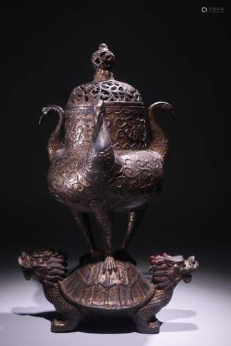 A Chinese Bronze Crane Shaped Ears Censer With Turtle Shaped Base