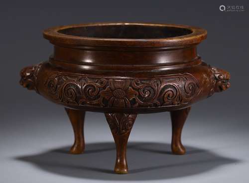 A Chinese Bronze Dragon Shaped Ears Censer With Floral Pattern